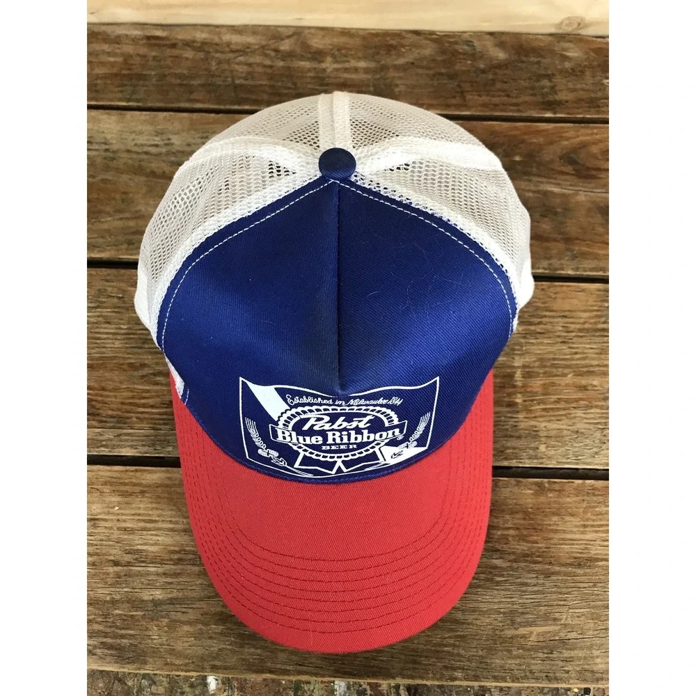 Vtg PBR Pabst Blue Ribbon Trucker Hat Snapback Mesh Beer Head To Toe Tag